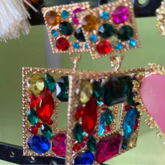 Multicolor Gemstone rhinestone Square Earrings - Picture 2 of 4